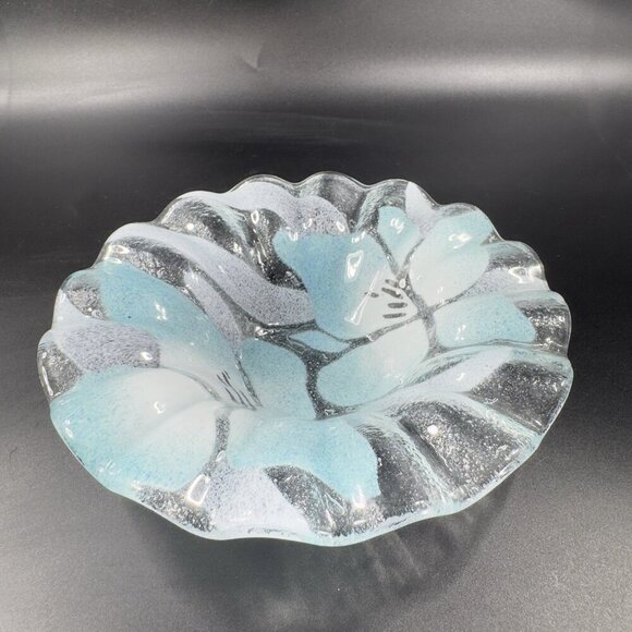 Sydenstricker Bowl Dish Fused Art Glass Ruffled Clear Blue Flowers VTG Signed - Picture 10 of 13